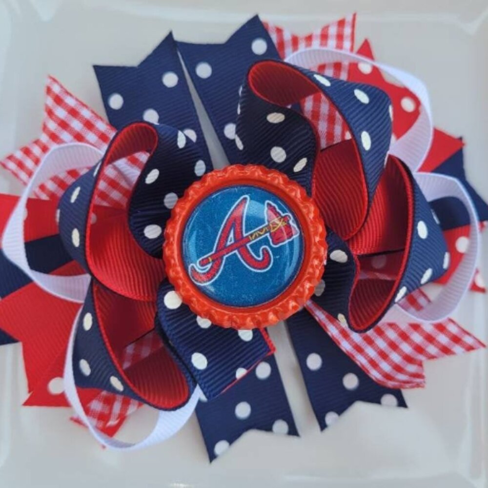 Atlanta Braves Baseball Red White Blue Bottle Cap Hair Bow 5"